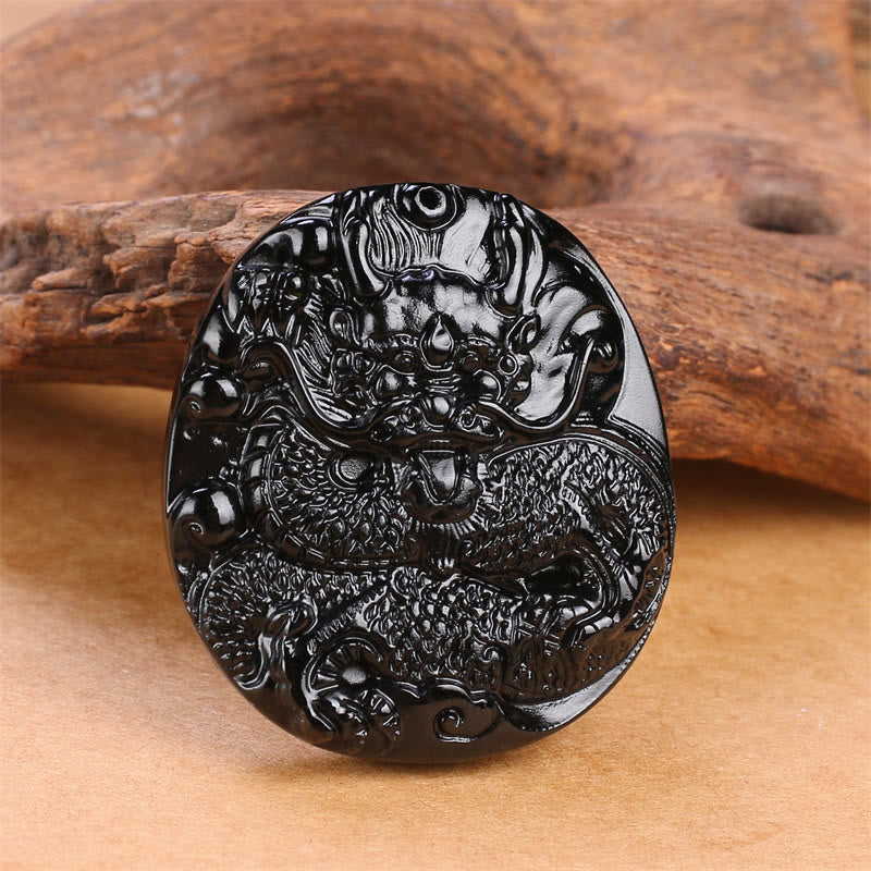 Buddha Stones Colgante de Protección de Collar Natural de Obsidiana Negra con Dragón Tallado - image 2