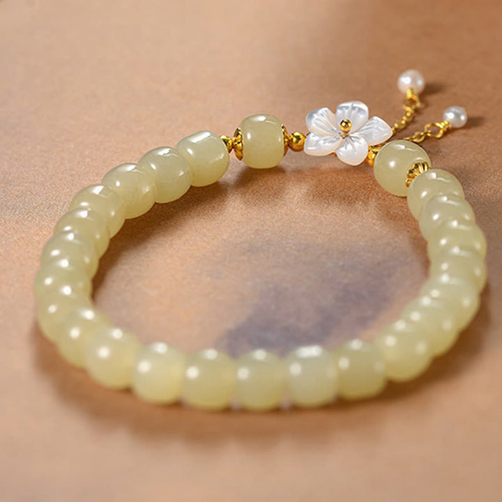 Buddha Stones Pulsera de plata esterlina 925 con jade natural de Hetian y flor de la suerte