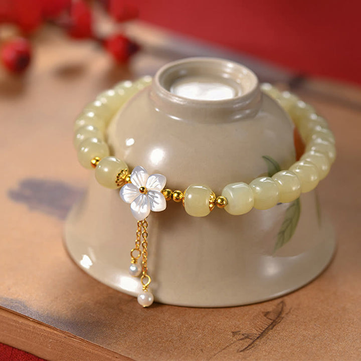 Buddha Stones Pulsera de plata esterlina 925 con jade natural de Hetian y flor de la suerte
