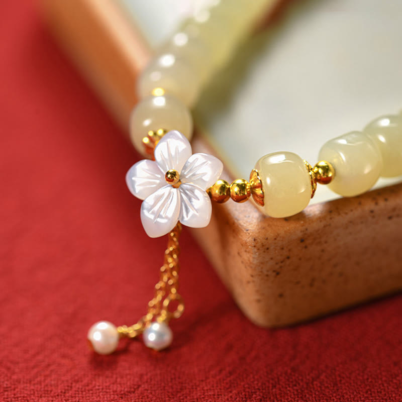 Buddha Stones Pulsera de plata esterlina 925 con jade natural de Hetian y flor de la suerte