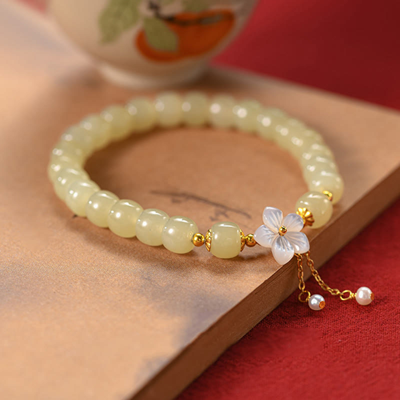 Buddha Stones Pulsera de plata esterlina 925 con jade natural de Hetian y flor de la suerte