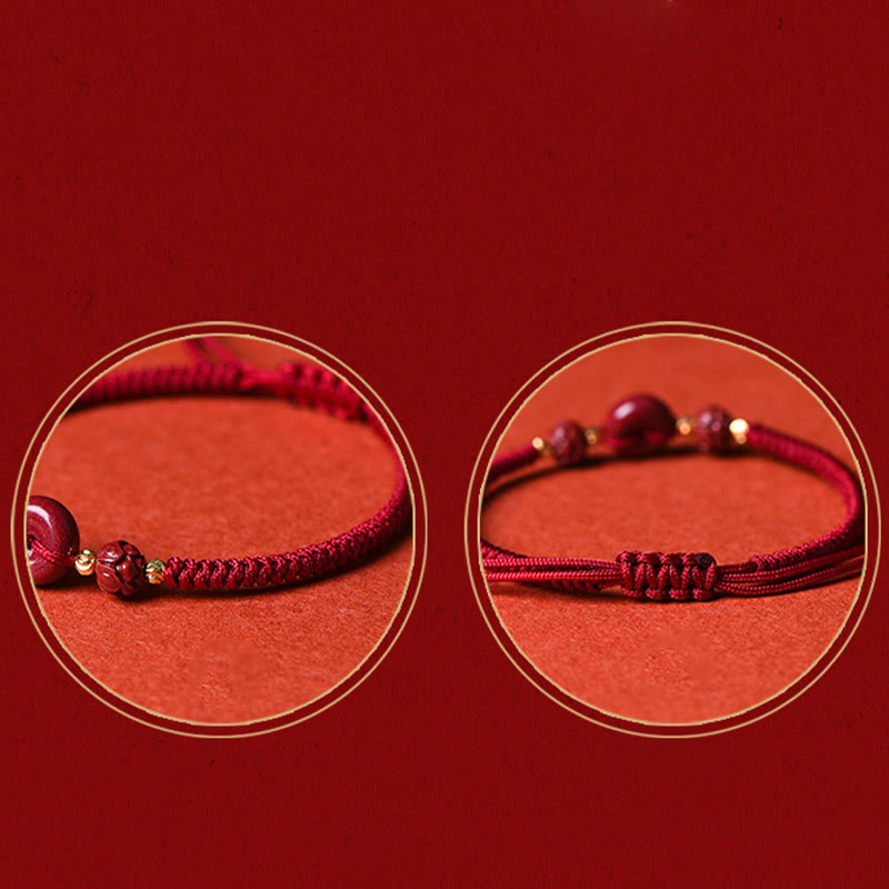 Buddha Stones Pulsera tejida a mano de cinabrio con hebilla de paz de loto, bendición y calma