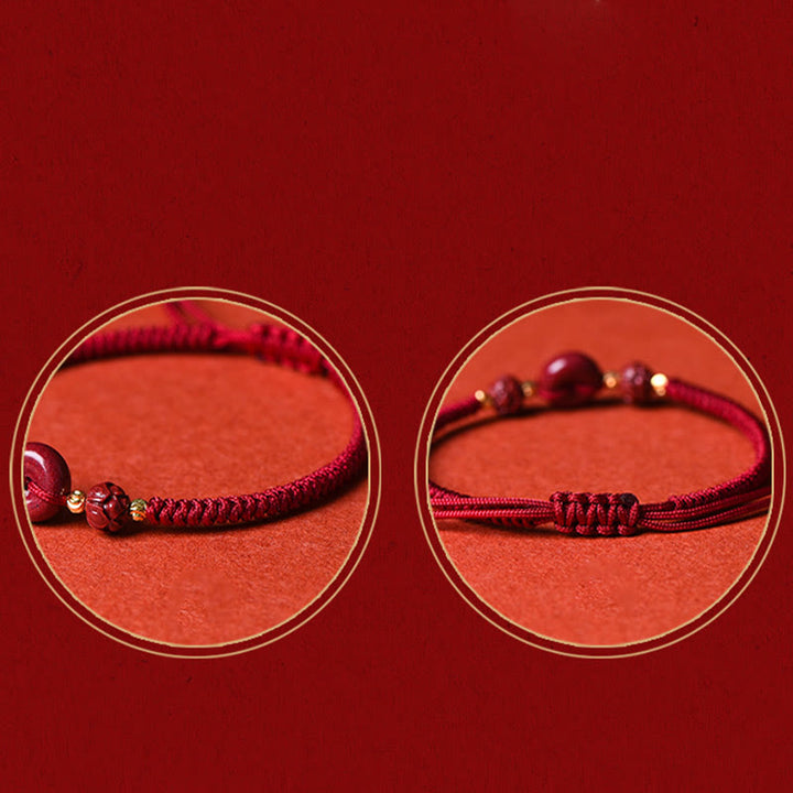 Buddha Stones Pulsera tejida a mano de cinabrio con hebilla de paz de loto, bendición y calma