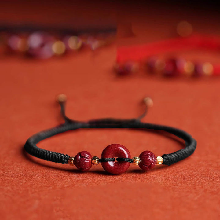 Buddha Stones Pulsera tejida a mano de cinabrio con hebilla de paz de loto, bendición y calma