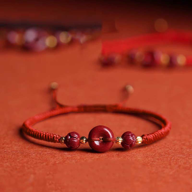 Buddha Stones Pulsera tejida a mano de cinabrio con hebilla de paz de loto, bendición y calma