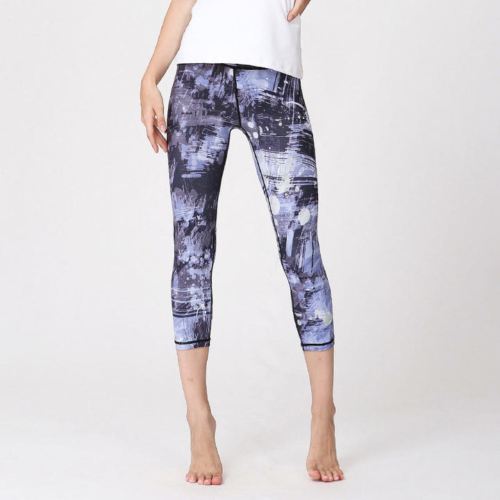 Leggings deportivos estampados de líneas de Sakura con flores de cerezo de Buddha Stones, pantalones tipo capri de yoga para mujer - Líneas azules grises - US8-10, UK/AU12-14, EU40-42 (XL) - image 9