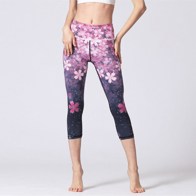 Leggings deportivos estampados de líneas de Sakura con flores de cerezo de Buddha Stones, pantalones tipo capri de yoga para mujer - image 1