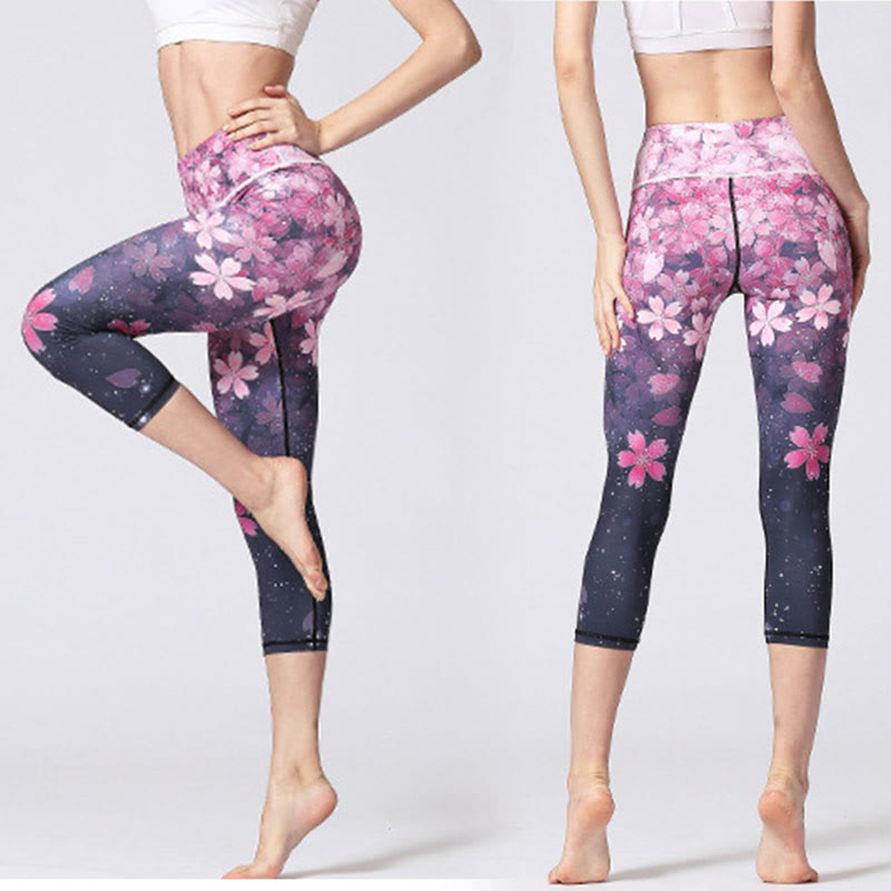 Leggings deportivos estampados de líneas de Sakura con flores de cerezo de Buddha Stones, pantalones tipo capri de yoga para mujer - image 4