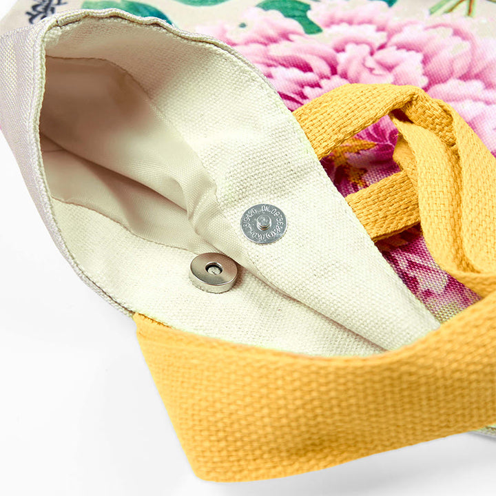 Bolso de lona con piedras de Buda y peonías