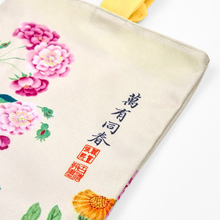 Bolso de lona con piedras de Buda y peonías