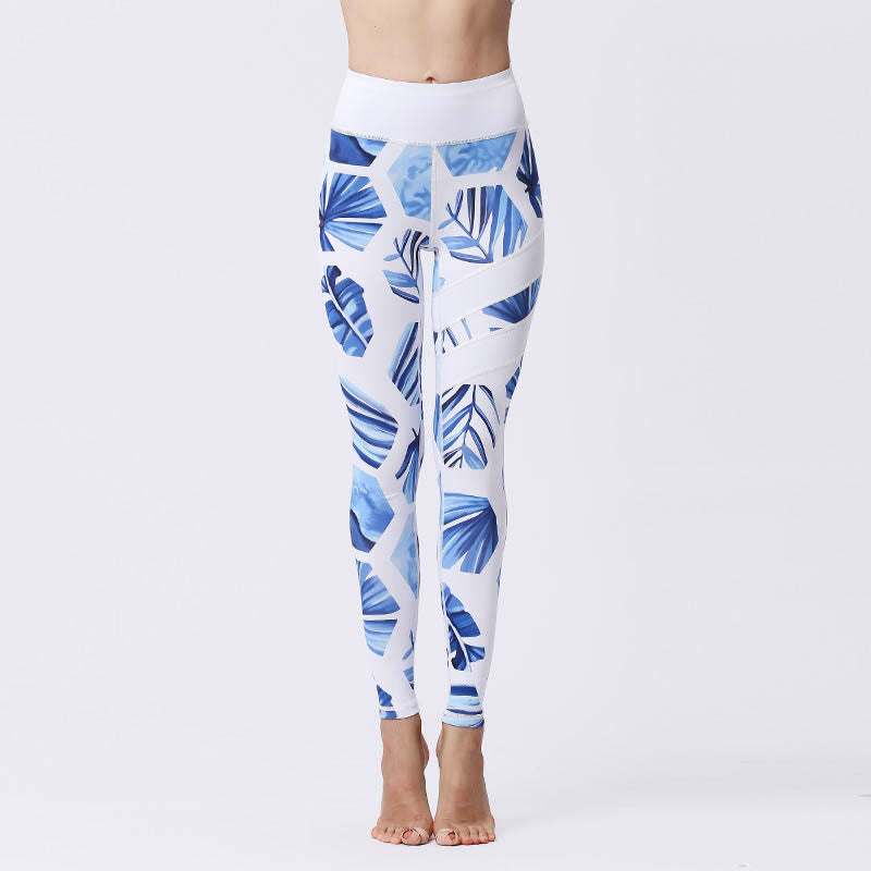 Pantalones de yoga para mujeres de cintura alta con estampado de pétalos de flor Buddha Stones para ejercicios deportivos y fitness - Azul cielo claro - US8-10, UK/AU12-14, EU40-42 (XL) - image 40