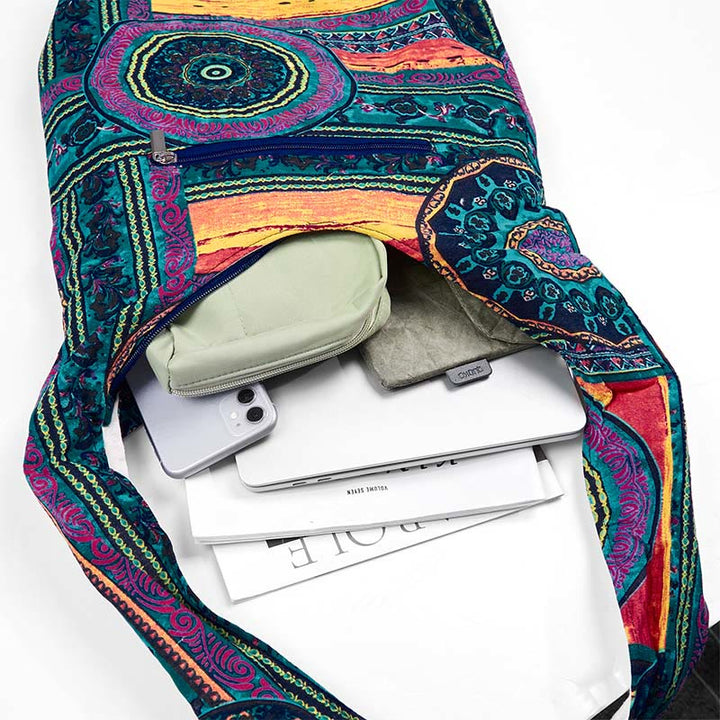 Bolso bandolera de algodón con estampado de flores azules Buddha Stones