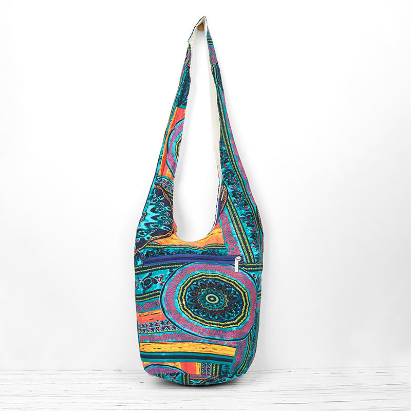 Bolso bandolera de algodón con estampado de flores azules Buddha Stones