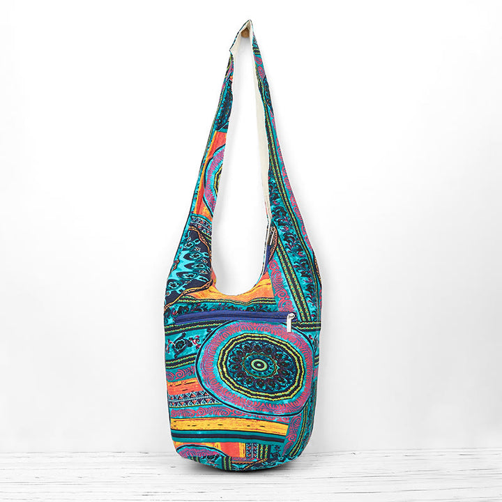 Bolso bandolera de algodón con estampado de flores azules Buddha Stones