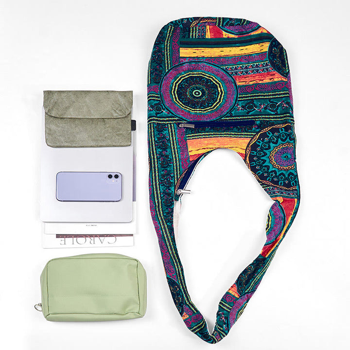 Bolso bandolera de algodón con estampado de flores azules Buddha Stones