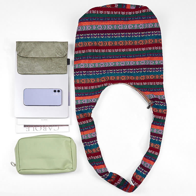 Bolso bandolera de algodón con patrón de rayas geométricas coloreadas Buddha Stones