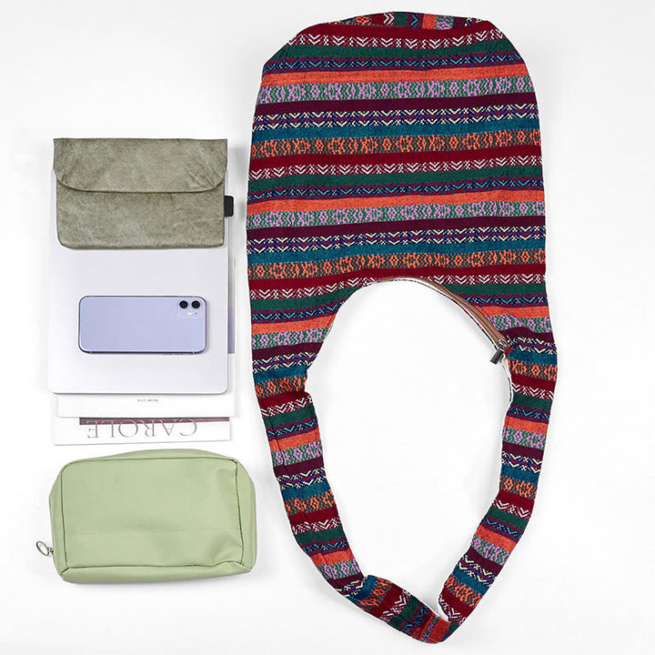 Bolso bandolera de algodón con patrón de rayas geométricas coloreadas Buddha Stones