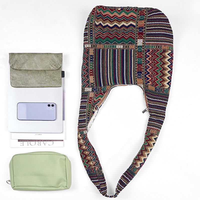 Bolso bandolera de algodón con patrón de olas verdes y marrones de Buddha Stones