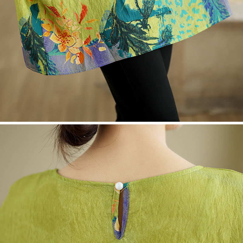 Buddha Stones Flores Amarillas Verdes Camiseta de Lino de Manga Tres Cuartos - image 7