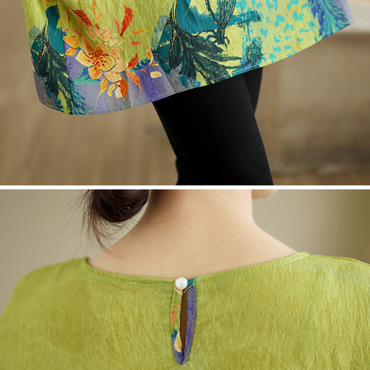 Buddha Stones Flores Amarillas Verdes Camiseta de Lino de Manga Tres Cuartos - image 7