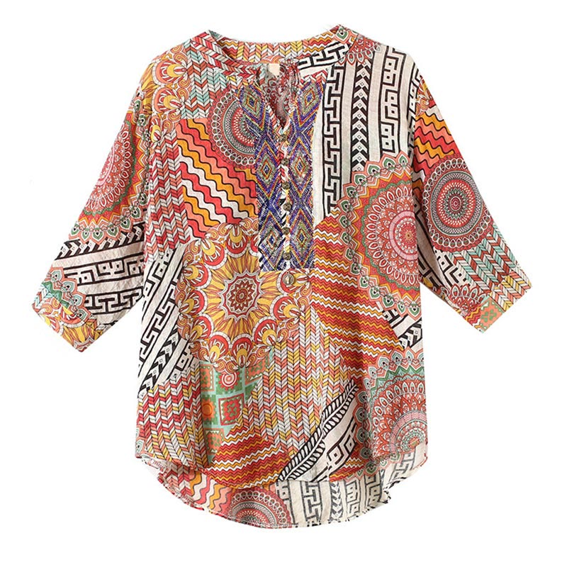 Camisa de Mujer con Mandala Geométrico de Media Abotonadura de Buddha Stones