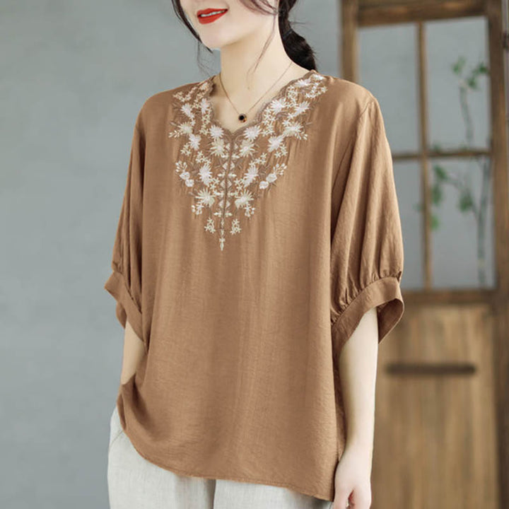 Buddha Stones Camiseta de Manga Corta de Algodón y Lino con Bordado Floral Pequeño y Cuello en V - Navajo Blanco - F (Apto para US4-8/10; UK/AU8-12/14; UE 36-40/42) - image 11