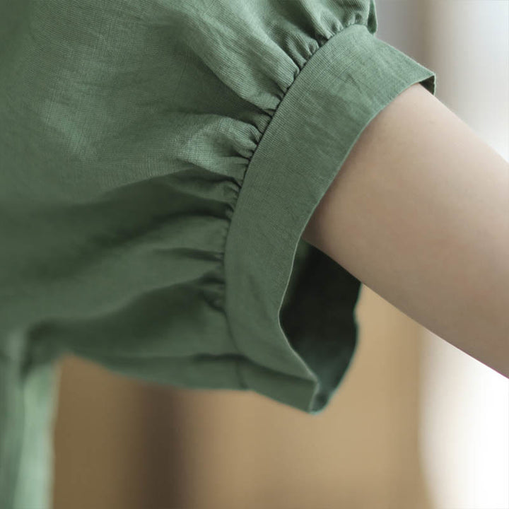 Buddha Stones Camiseta de Manga Corta de Algodón y Lino con Bordado Floral Pequeño y Cuello en V - image 9