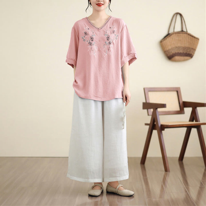 Camiseta con Bordado Floral de Buddha Stones de Cuello en V y Manga Corta - image 3