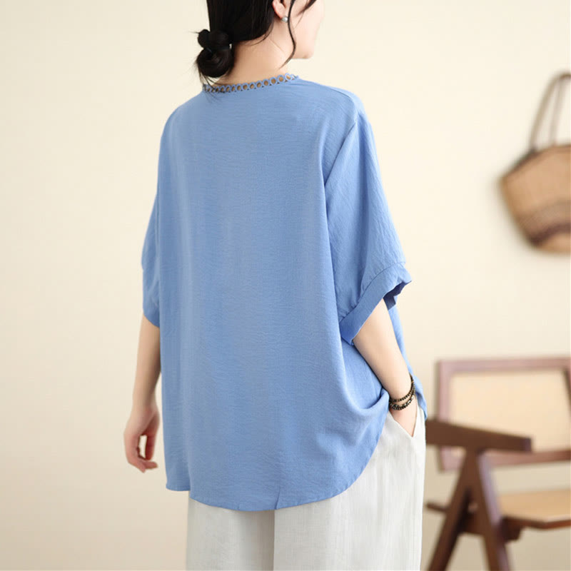 Camiseta con Bordado Floral de Buddha Stones de Cuello en V y Manga Corta - image 5