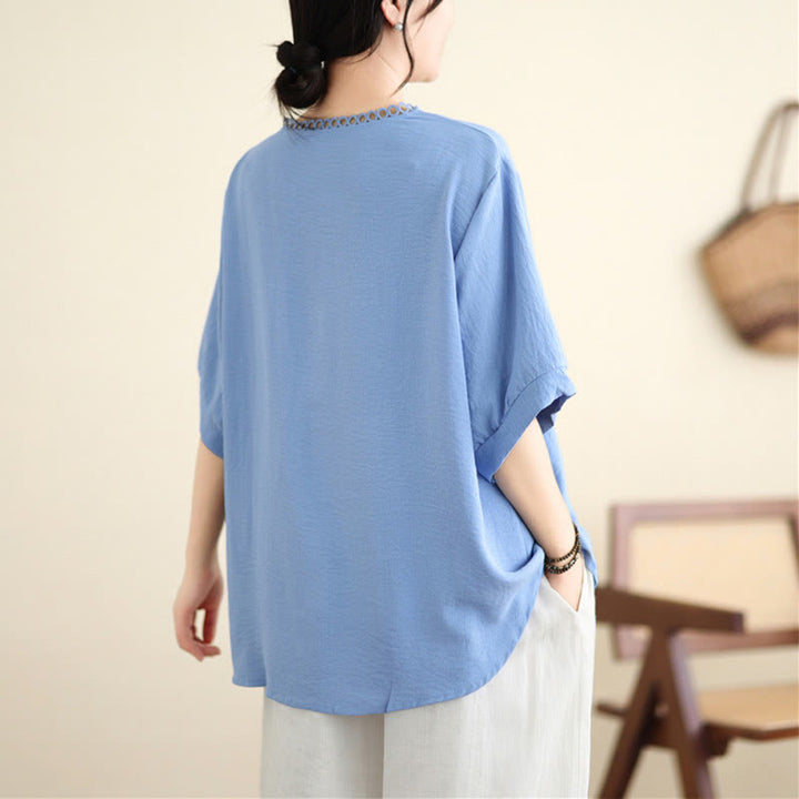 Camiseta con Bordado Floral de Buddha Stones de Cuello en V y Manga Corta - image 5