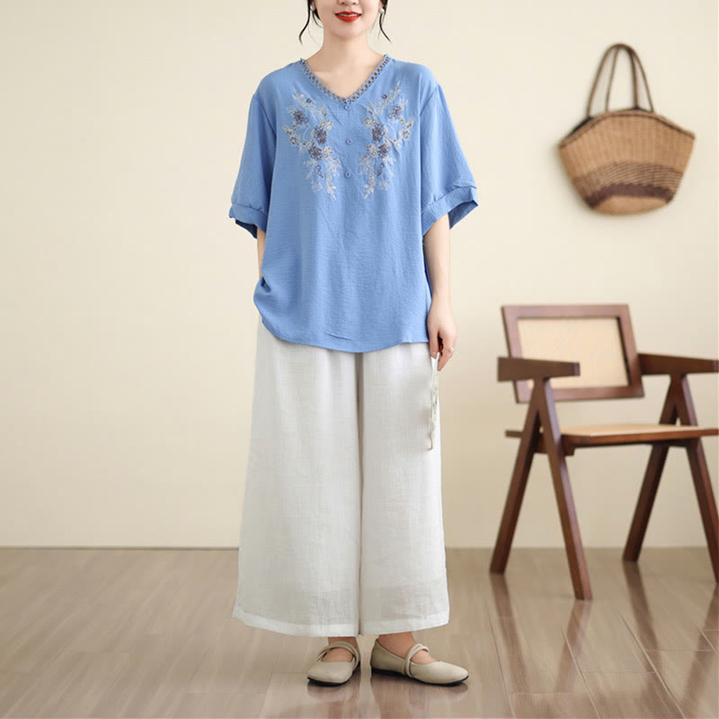 Camiseta con Bordado Floral de Buddha Stones de Cuello en V y Manga Corta - image 12