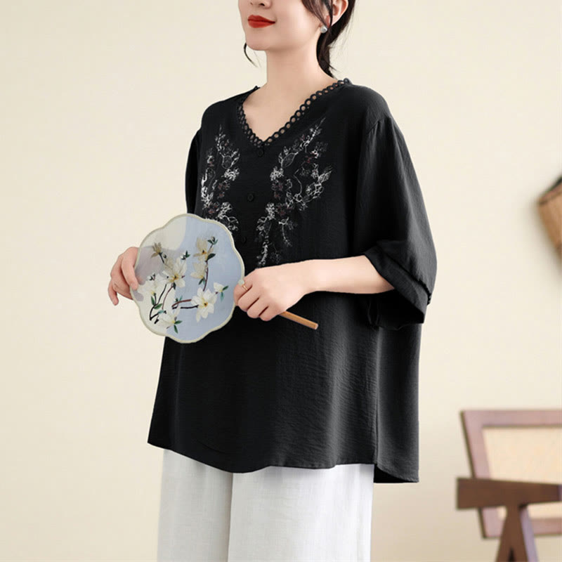 Camiseta con Bordado Floral de Buddha Stones de Cuello en V y Manga Corta - image 14