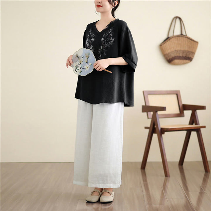 Camiseta con Bordado Floral de Buddha Stones de Cuello en V y Manga Corta - image 16