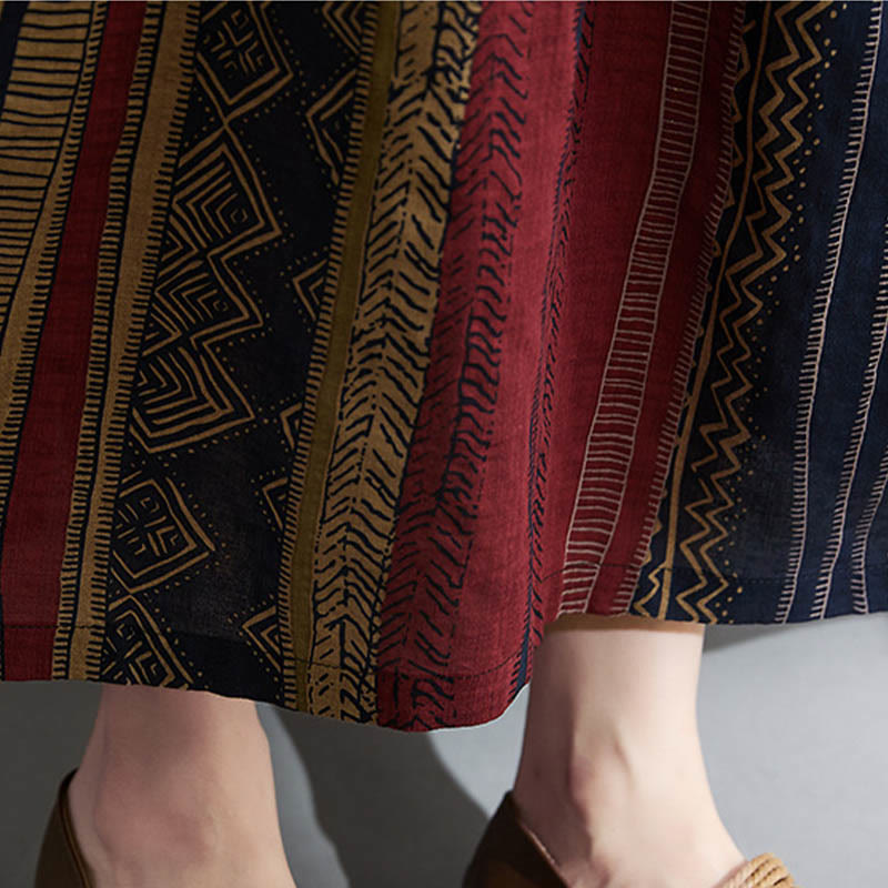 Buddha Stones Vestido Midi de Manga Corta con Geometría Boho y Bolsillos