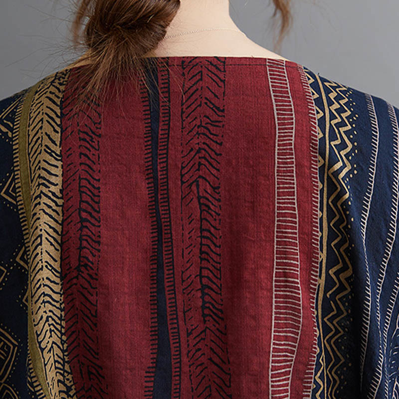 Buddha Stones Vestido Midi de Manga Corta con Geometría Boho y Bolsillos