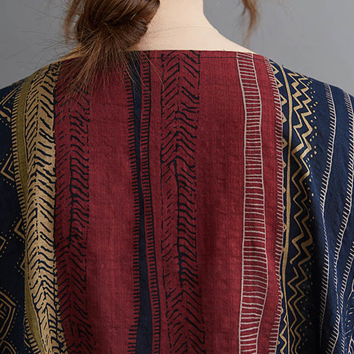 Buddha Stones Vestido Midi de Manga Corta con Geometría Boho y Bolsillos