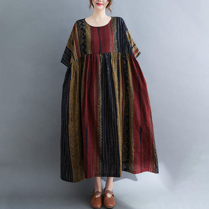 Buddha Stones Vestido Midi de Manga Corta con Geometría Boho y Bolsillos