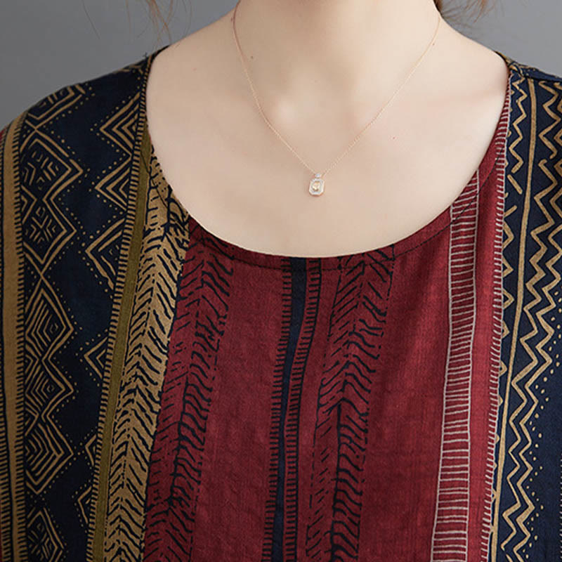 Buddha Stones Vestido Midi de Manga Corta con Geometría Boho y Bolsillos