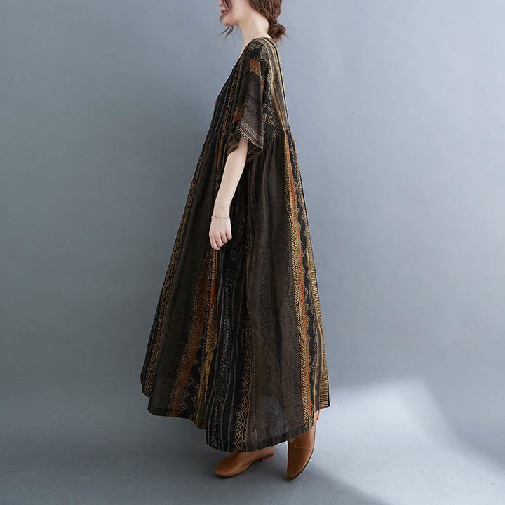 Buddha Stones Vestido Midi de Manga Corta con Geometría Boho y Bolsillos