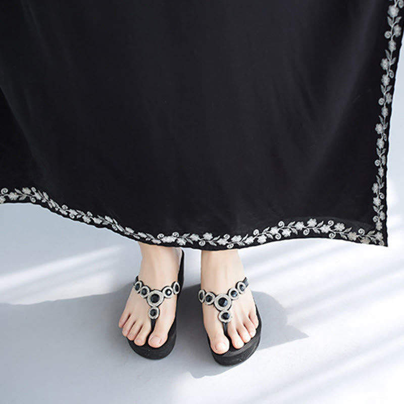 Buddha Stones Vestido largo de verano con bordado floral y manga corta en V - image 7