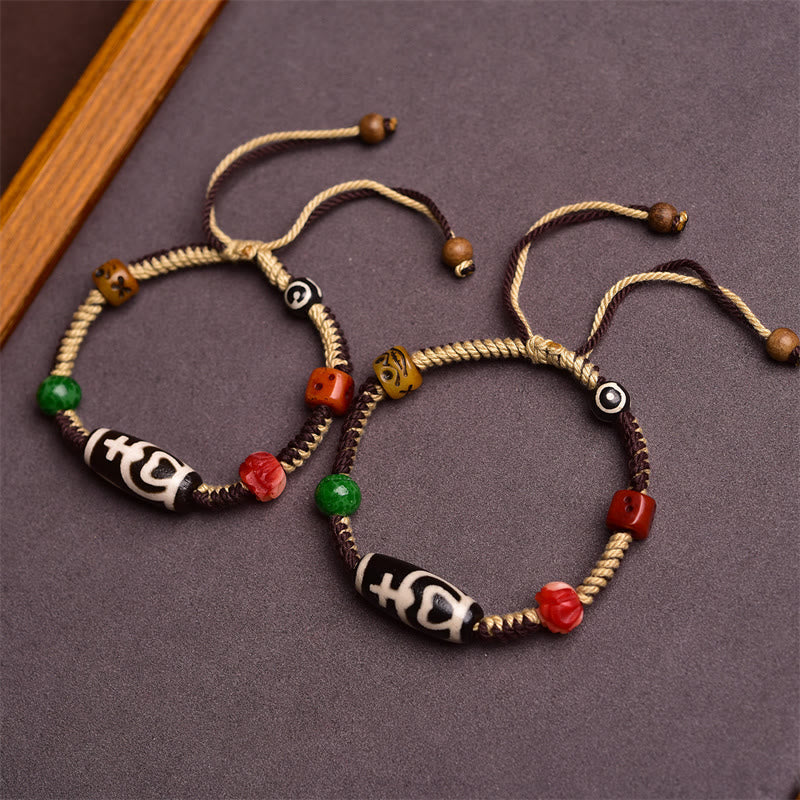 Pulsera de cuerda trenzada de riqueza con cuentas tibetanas Dzi hechas a mano de Buddha Stones