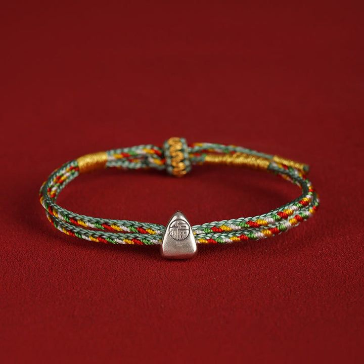 Buddha Stones Pulsera de cuerda multicolor con carácter Fu de suerte de plata de ley 925 para niños y adultos
