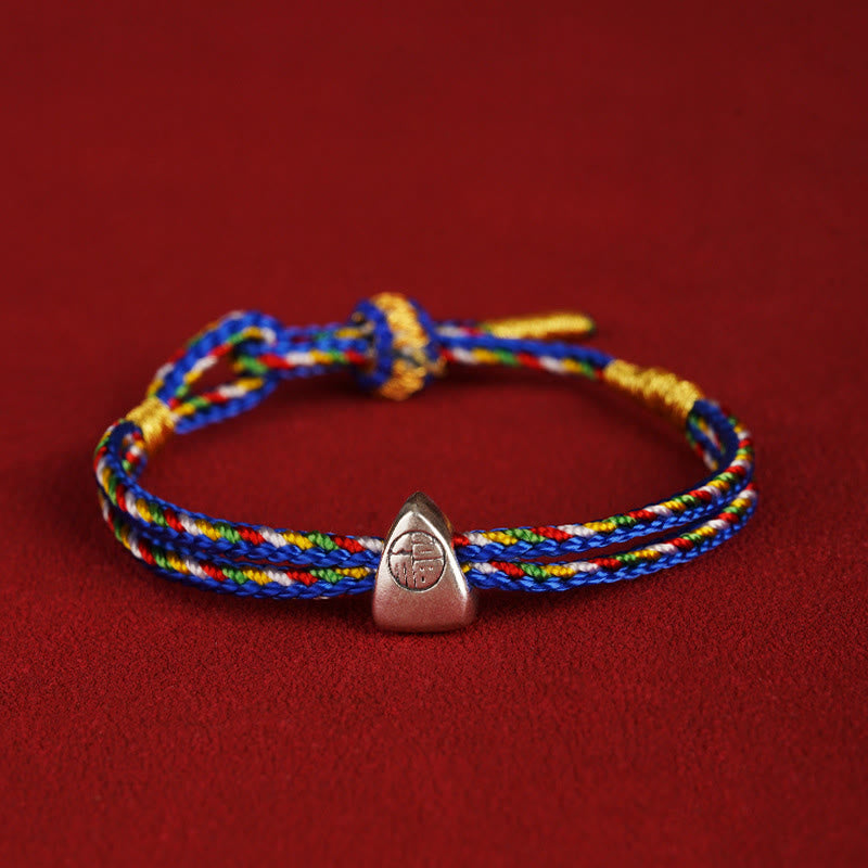 Buddha Stones Pulsera de cuerda multicolor con carácter Fu de suerte de plata de ley 925 para niños y adultos