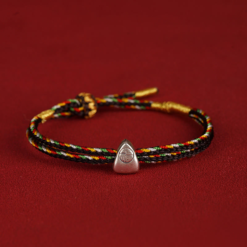 Buddha Stones Pulsera de cuerda multicolor con carácter Fu de suerte de plata de ley 925 para niños y adultos
