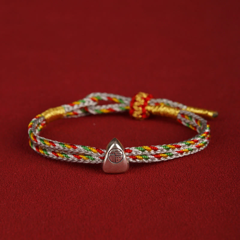 Buddha Stones Pulsera de cuerda multicolor con carácter Fu de suerte de plata de ley 925 para niños y adultos