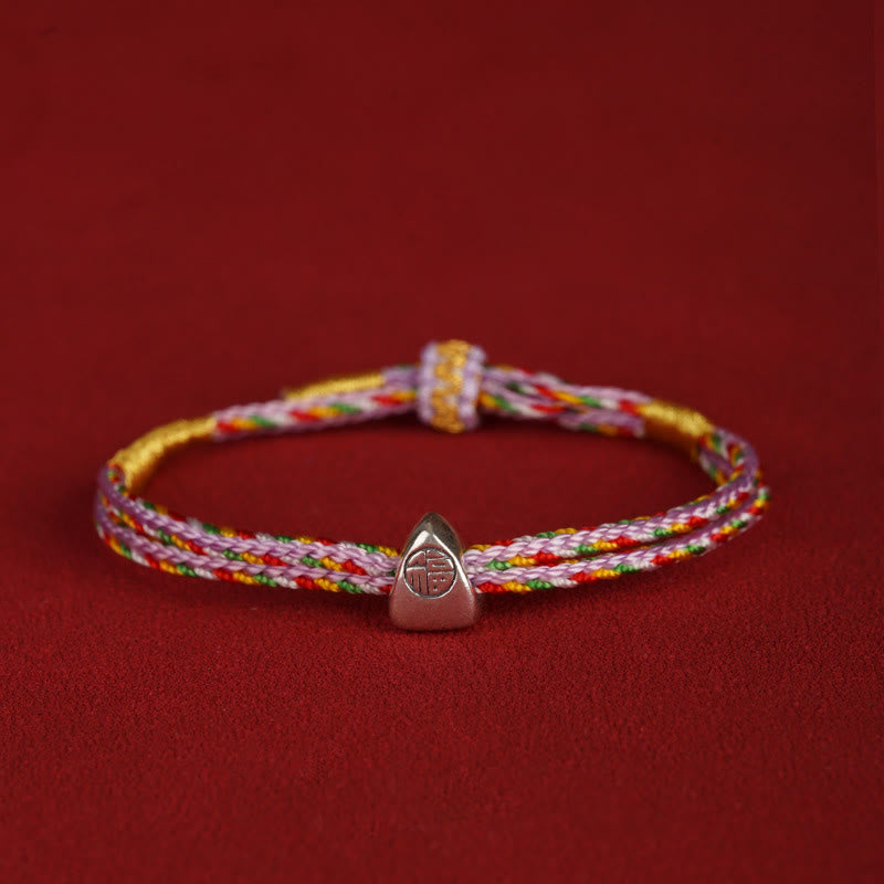Buddha Stones Pulsera de cuerda multicolor con carácter Fu de suerte de plata de ley 925 para niños y adultos