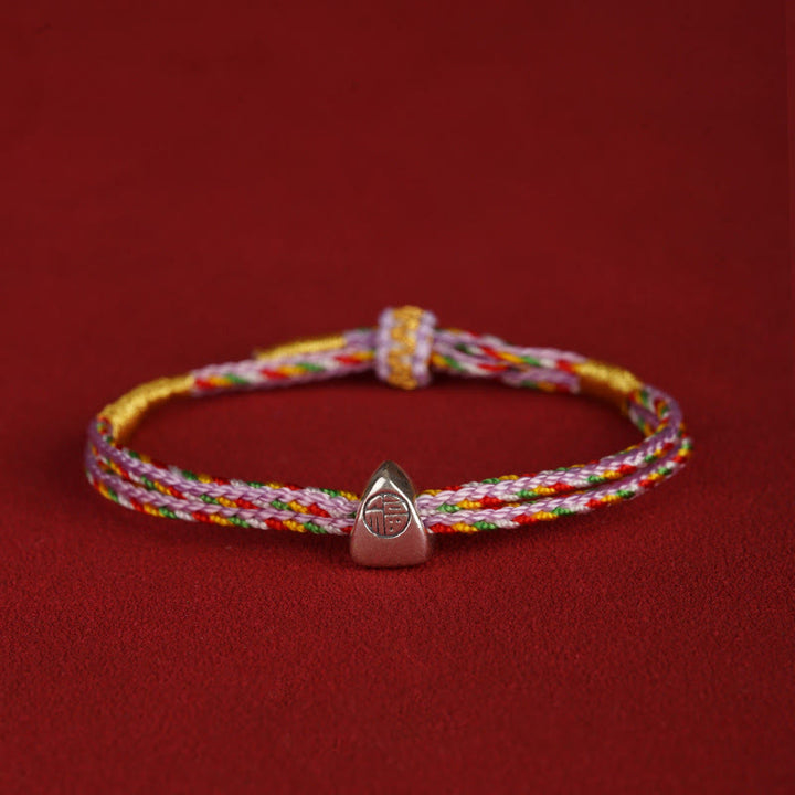Buddha Stones Pulsera de cuerda multicolor con carácter Fu de suerte de plata de ley 925 para niños y adultos