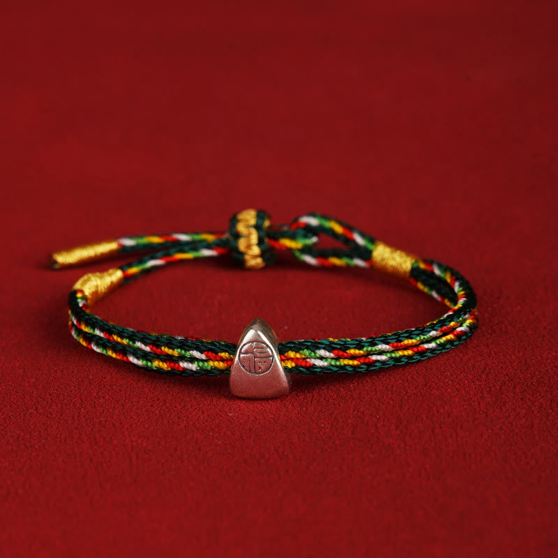 Buddha Stones Pulsera de cuerda multicolor con carácter Fu de suerte de plata de ley 925 para niños y adultos