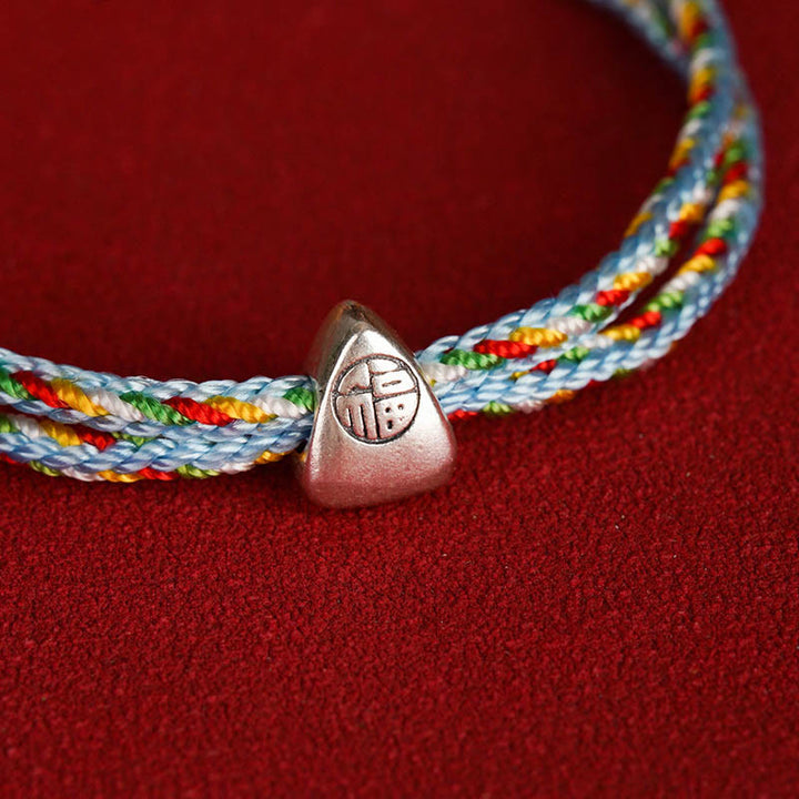 Buddha Stones Pulsera de cuerda multicolor con carácter Fu de suerte de plata de ley 925 para niños y adultos
