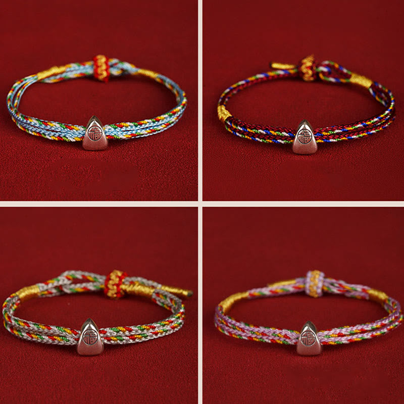 Buddha Stones Pulsera de cuerda multicolor con carácter Fu de suerte de plata de ley 925 para niños y adultos